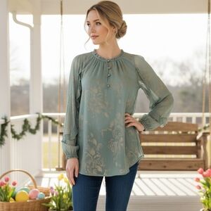 NWT LC Lauren Conrad Light Green Gold‑Floral Sheer‑Sleeve Peasant Blouse Size S